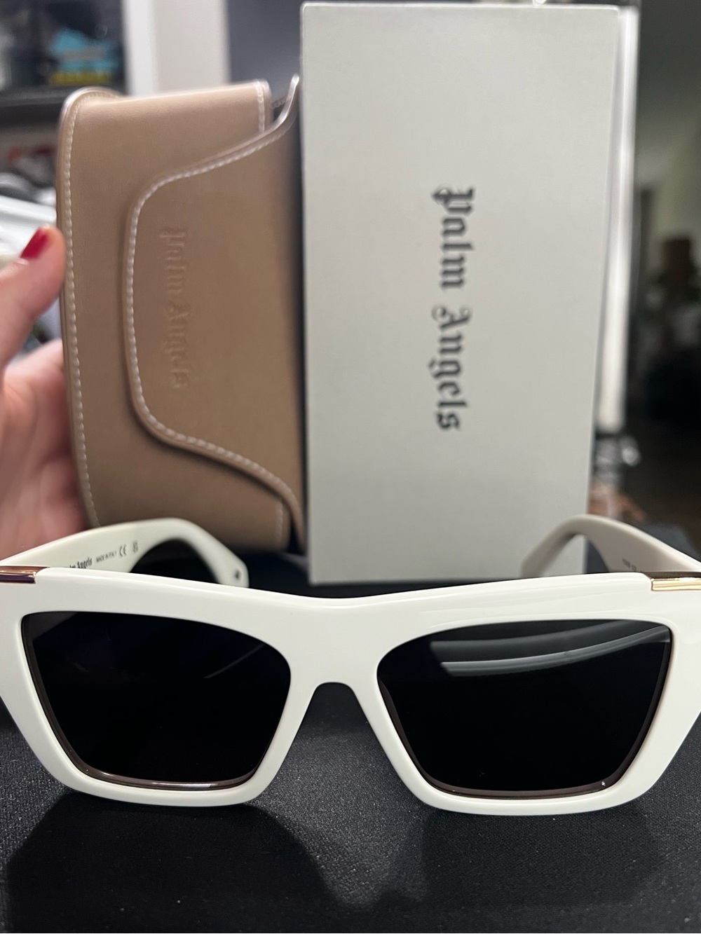 Palm Angels White Frame Sunglasses with Black Lenses and Tan Case